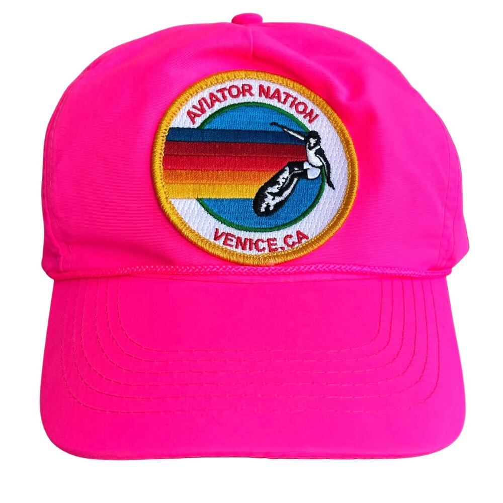 Aviator Nation Signature Venice Vintage‎ Nylon Trucker Hat Neon Pink Logo Patch